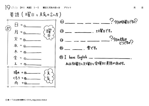 中学１年の英語 動画 曜日と天気の言い方の問題 19ch